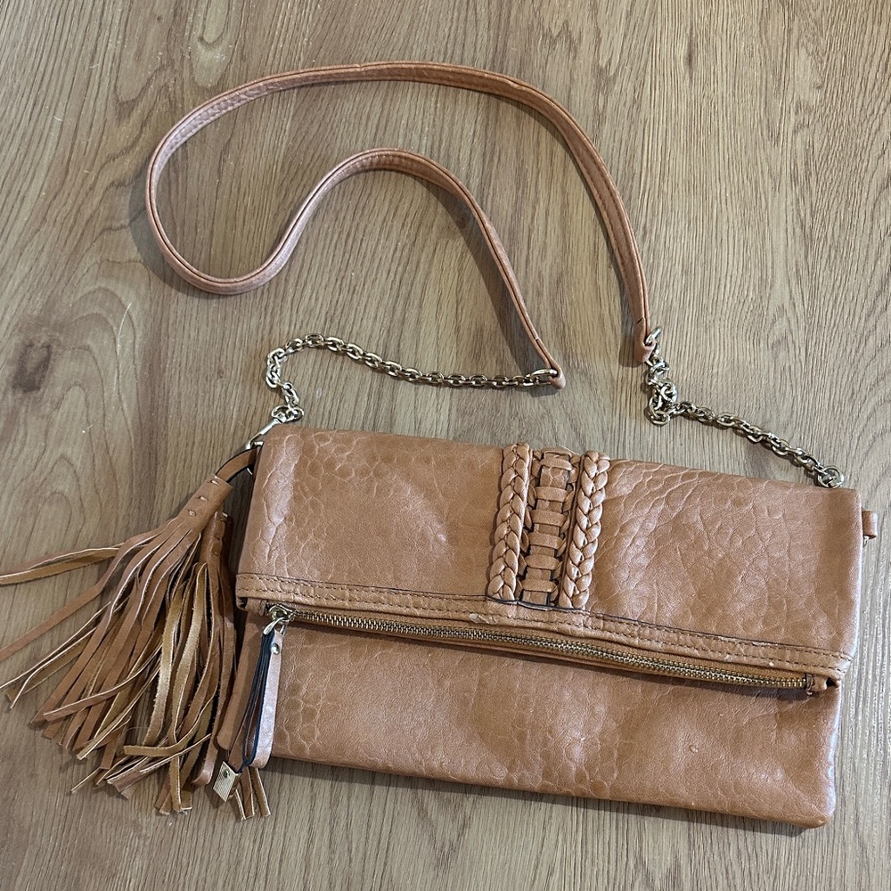 Elegant Tan Leather Clutch with Tassel